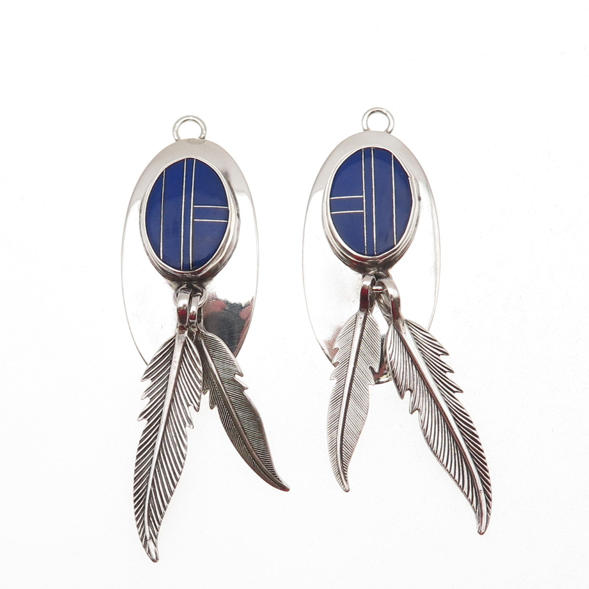 Old Pawn 925 Sterling Silver Vintage Lapis Feather Tribal Dangle Jacket Earrings