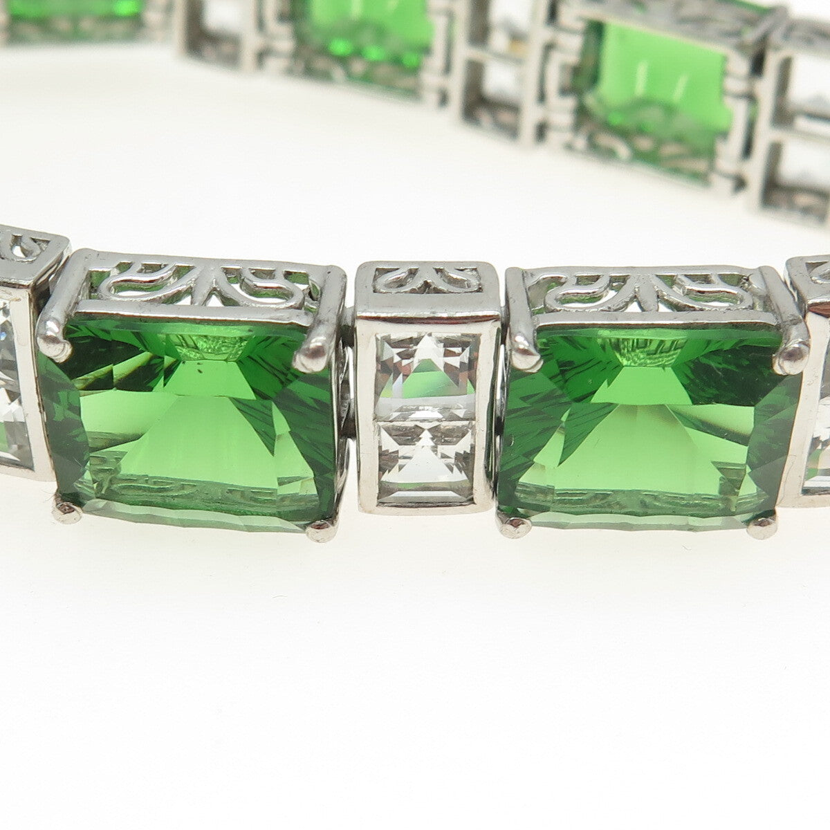 CHUCK CLEMENCY 925 Sterling Silver Green Glass & C Z Panel Link Bracelet 7.5"