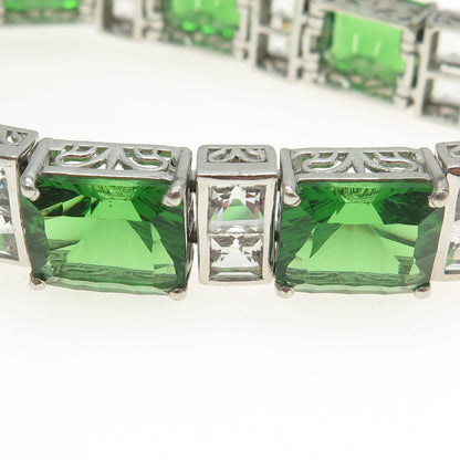 CHUCK CLEMENCY 925 Sterling Silver Green Glass & C Z Panel Link Bracelet 7.5"