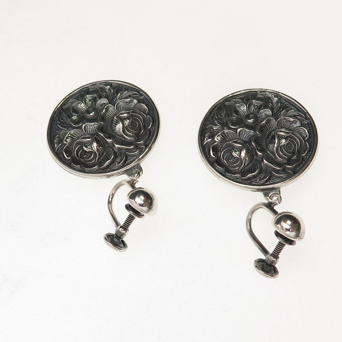 925 Sterling Antique Art Deco Floral Repousse Oxidized Screw Back Earrings