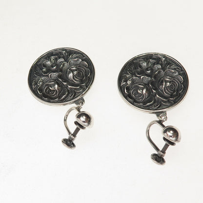 925 Sterling Antique Art Deco Floral Repousse Oxidized Screw Back Earrings