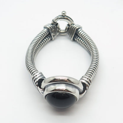 925 Sterling Silver Vintage Black Onyx Gem 2-Row Tubogas Link Bracelet 6.75"