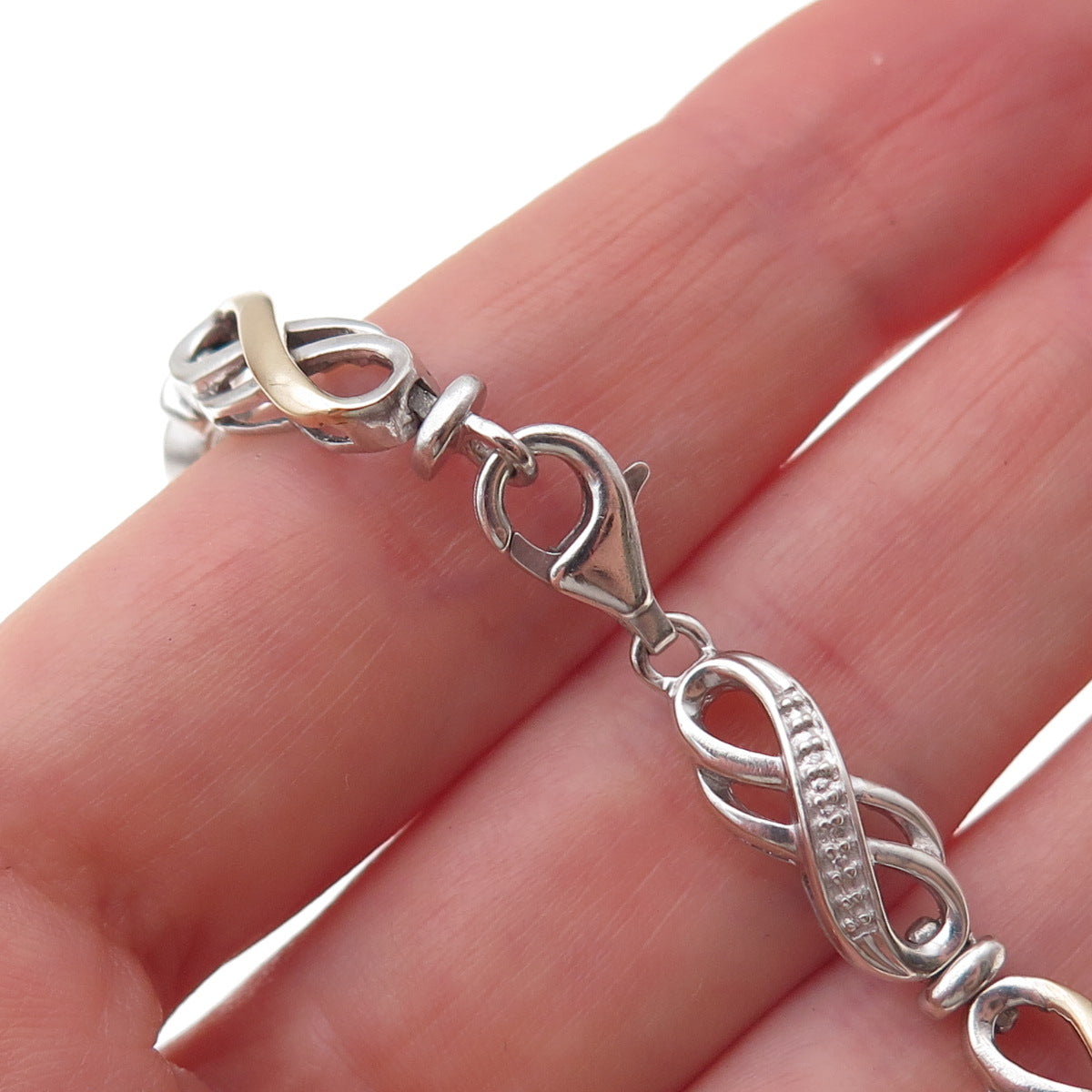 925 Sterling Silver 2-Tone Real Diamond Infinity Link Bracelet 7.5"