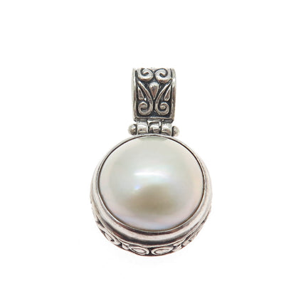 925 Sterling Silver Vintage Real Pearl Ornate Pendant