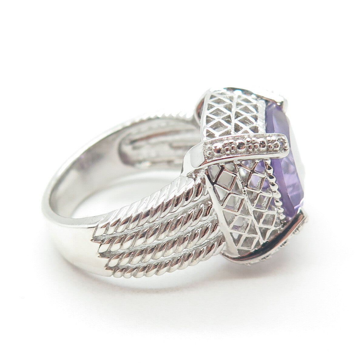 925 Sterling Silver Real Cushion-Cut Amethyst & White Topaz Ring Size 7