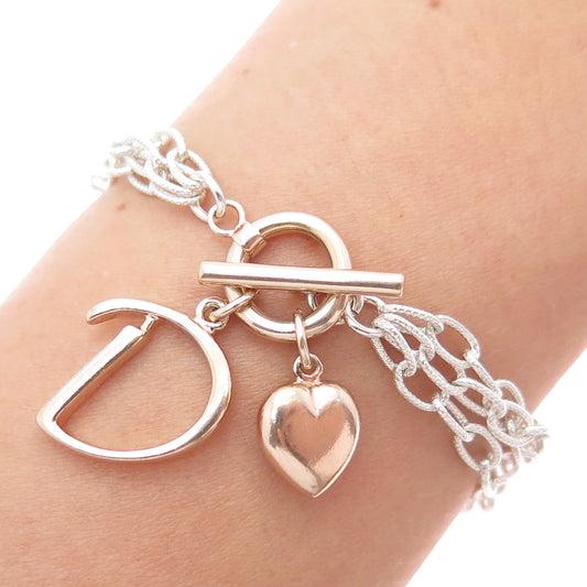 925 Sterling Silver 2-Tone Vintage Letter D & Heart Triple Chain Bracelet 7"