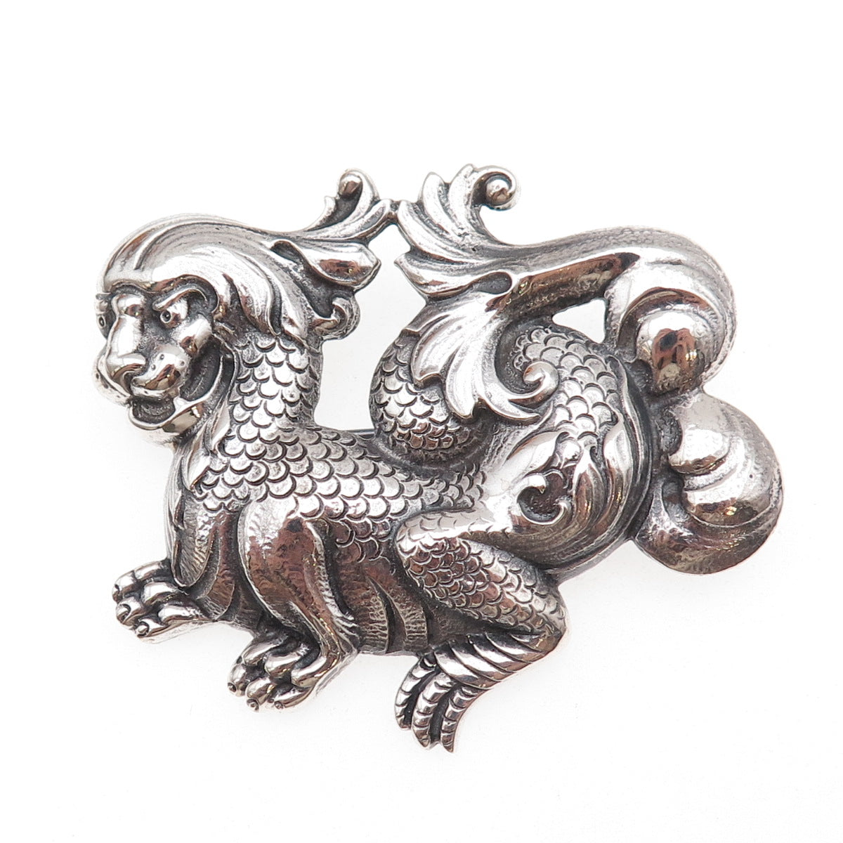 Cini 925 Sterling Silver Antique Art Deco Dragon Repousse Oxidized Pin Brooch