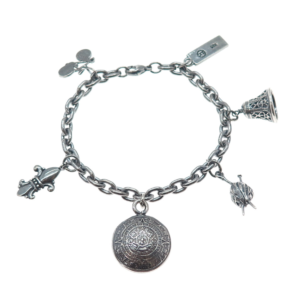 SUNDANCER 925 Sterling Silver Vintage Multi-Charms Oxidized Bracelet 6.75"