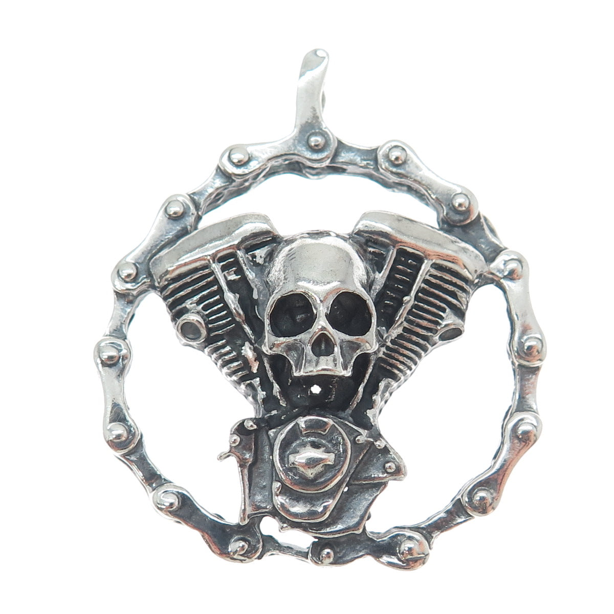 925 Sterling Silver Vintage Skull Biker Oxidized Pendant