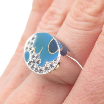 925 Sterling Silver Enamel Real Blue Topaz Modernist Ring Size 7