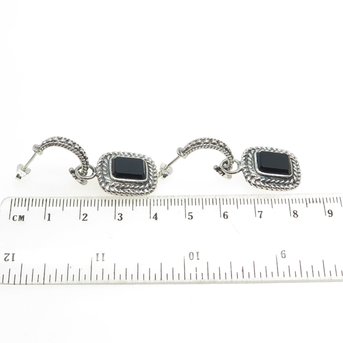 925 Sterling Silver Vintage Real Black Onyx Charm Dangling Earrings