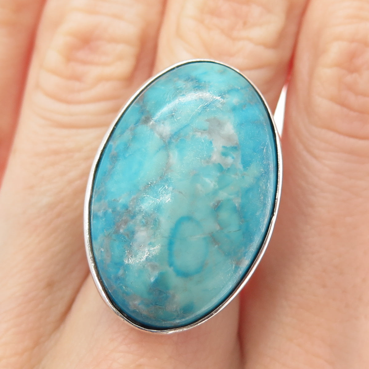 950 Silver Vintage Real Cabochon Dyed Howlite Turquoise Ring Size 7.75