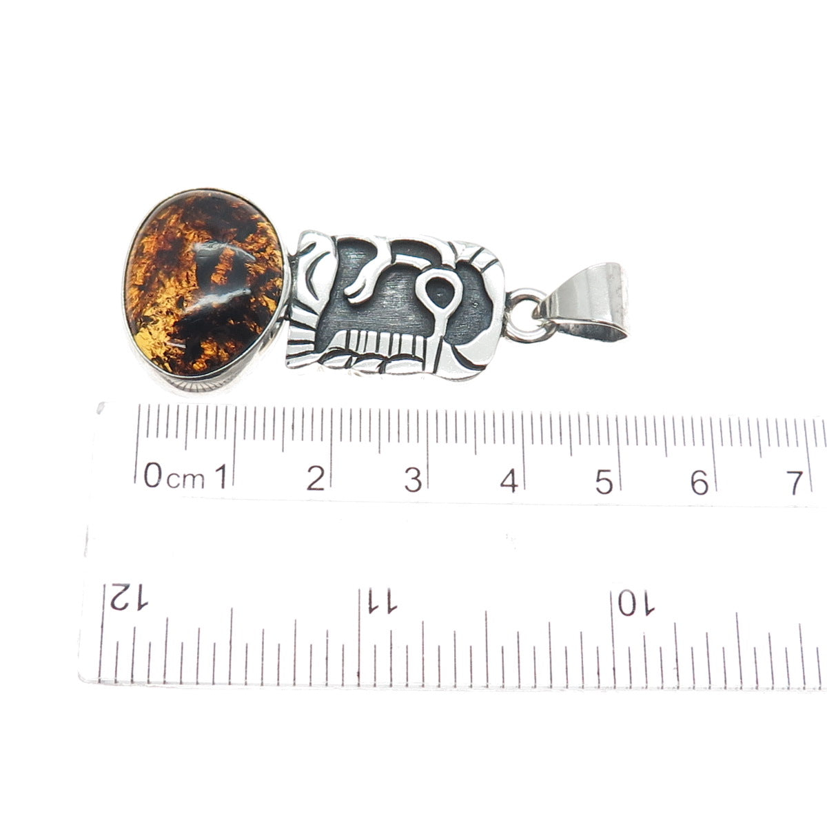 925 Sterling Silver Vintage Real Amber Aztec Symbol Oxidized Charm Pendant