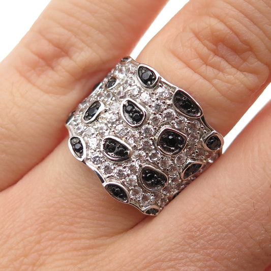 925 Sterling Silver Real Round-Cut Black Spinel & White Topaz Ring Size 6.25