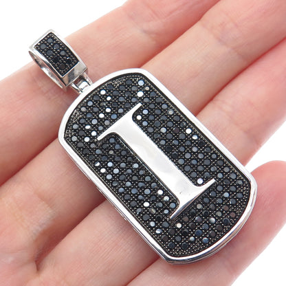 925 Sterling Silver Real Round-Cut Black Spinel Letter I Initial Tag Pendant