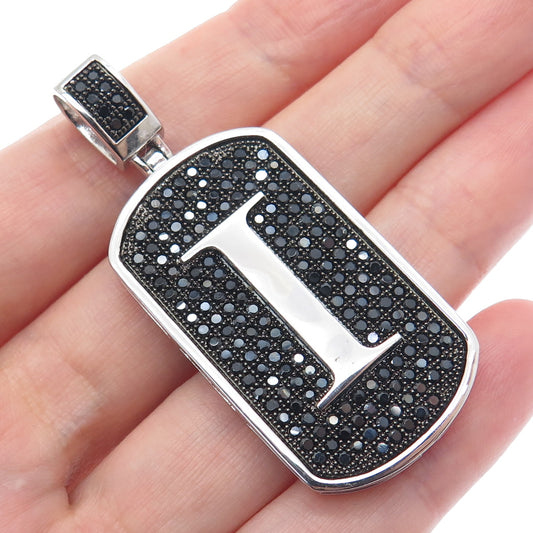 925 Sterling Silver Real Round-Cut Black Spinel Letter I Initial Tag Pendant
