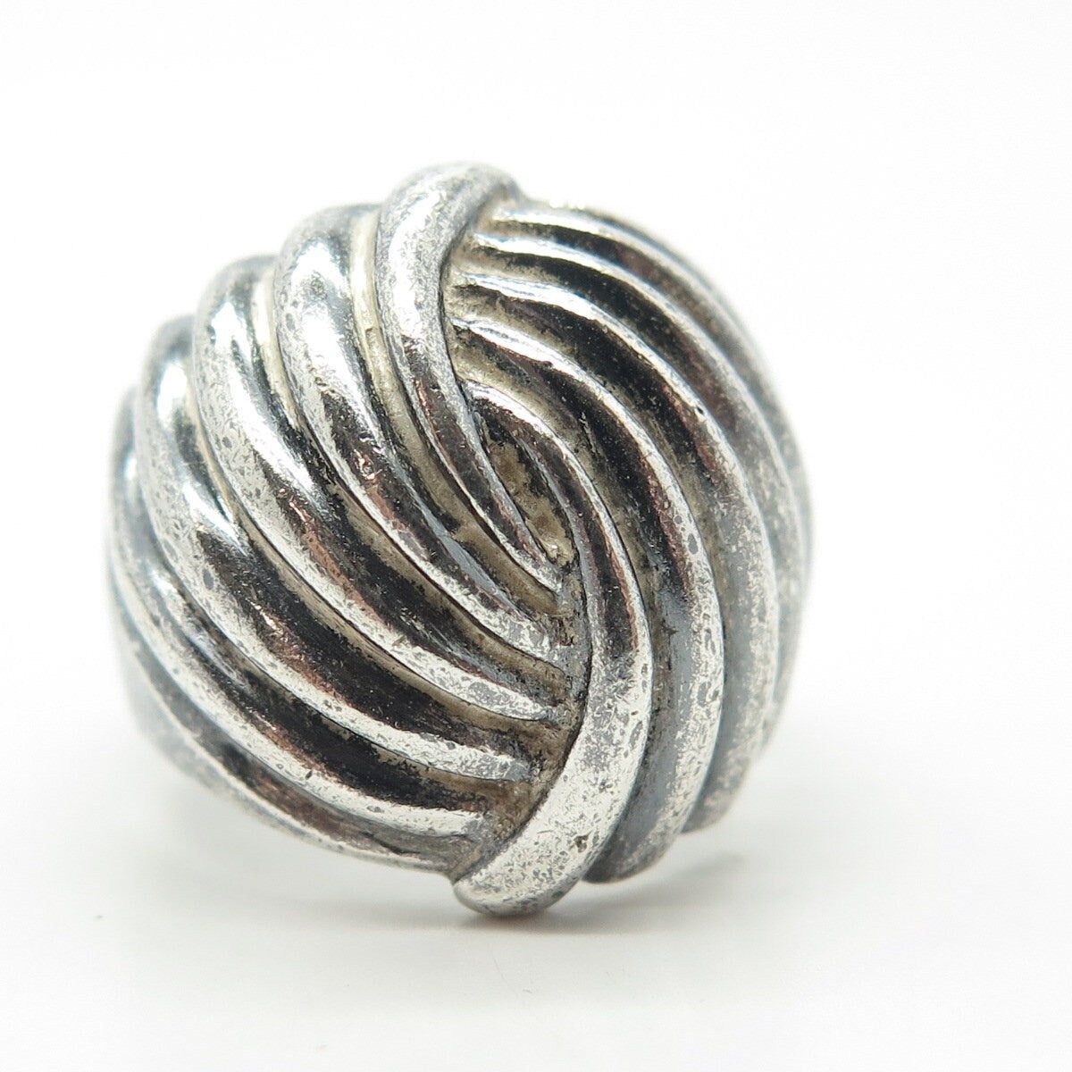 925 Sterling Silver Vintage Modernist Oxidized Twisted Ribbed Dome Ring Size 9
