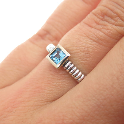 14K Gold 925 Sterling Silver Vintage Real Princess-Cut Blue Topaz Ring Size 5.75