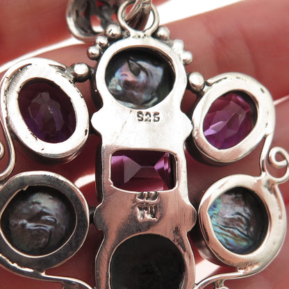 925 Sterling Silver Vintage Real Amethyst Pearl & MOP Modernist Cluster Pendant