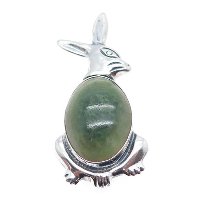 925 Sterling Silver Vintage Mexico Real Jade Rabbit Oxidized Pin Brooch