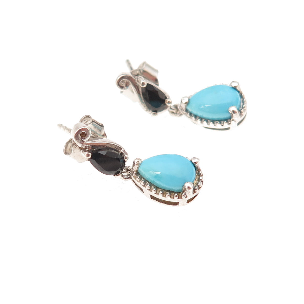 Chuck Clemency 925 Sterling Silver Real Turquoise & Black Spinel Dangle Earrings