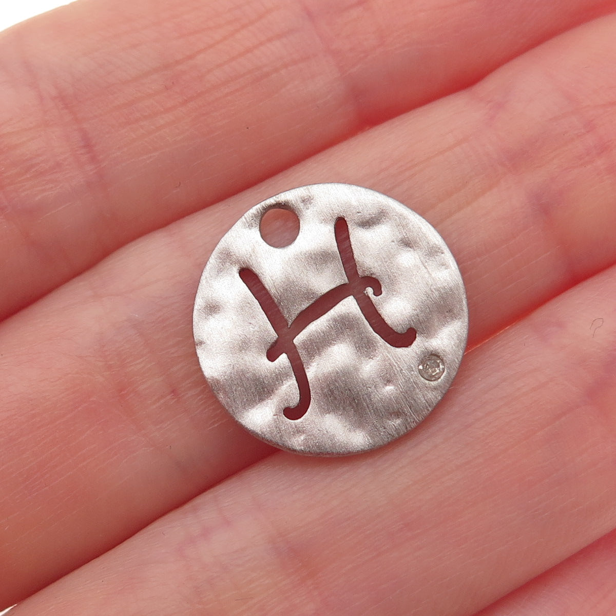 925 Sterling Silver Real Diamond Letter H Initial Hammered Mini Charm Pendant