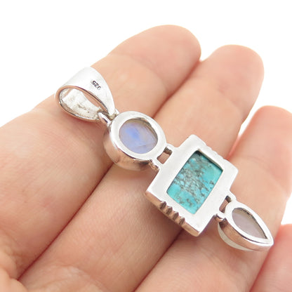 925 Sterling Silver Vintage Real Turquoise & Moonstone Modernist Charm Pendant