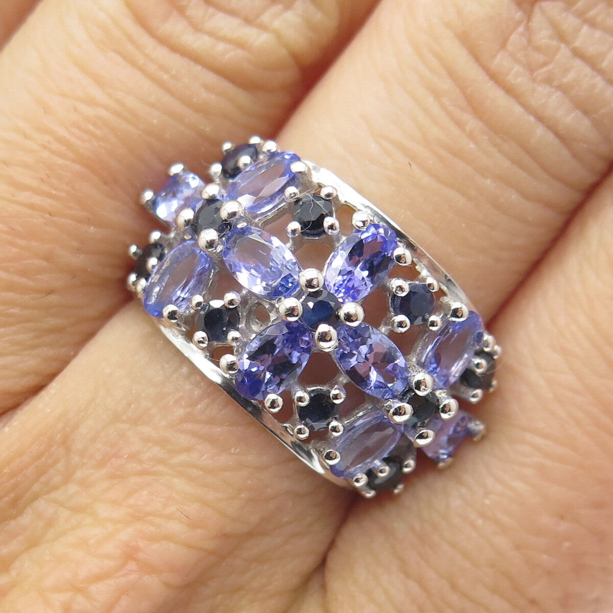 DSMK 925 Sterling Silver Tanzanite & Sapphire Gem Floral Cluster Ring Size 7