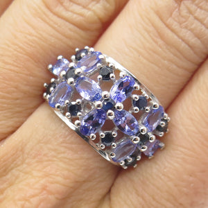 DSMK 925 Sterling Silver Tanzanite & Sapphire Gem Floral Cluster Ring Size 7