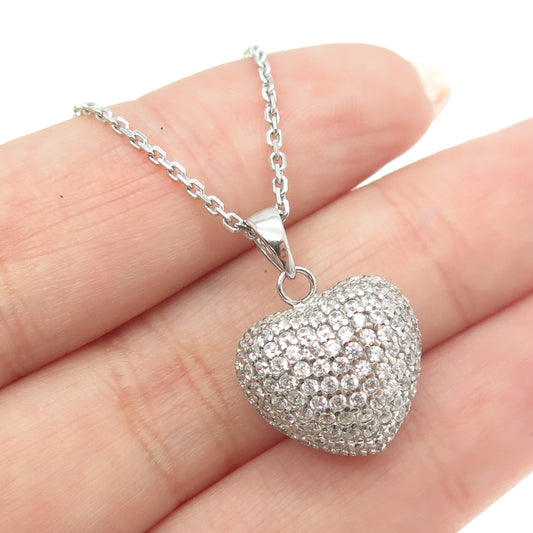 925 Sterling Silver Italy Round-Cut C Z Puffy Heart Cable Chain Necklace 16"