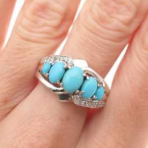 925 Sterling Silver Real Sleeping Beauty Turquoise & White Topaz Ring Size 8.25