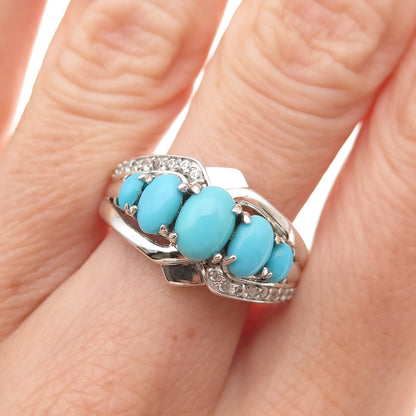 925 Sterling Silver Real Sleeping Beauty Turquoise & White Topaz Ring Size 8.25