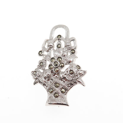 Uncas 925 Sterling Silver Antique Art Deco Real Marcasite Flower Pin Brooch