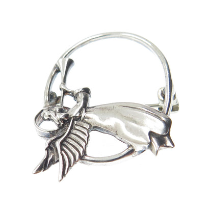 JEZLAINE 925 Sterling Silver Vintage Angel Playing Trumpet Flying Pin Brooch