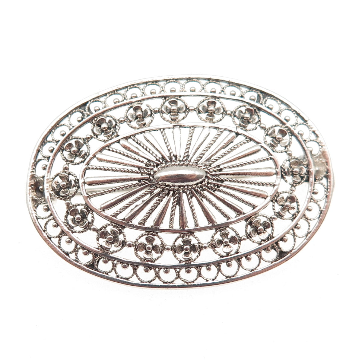 925 Sterling Silver Vintage Floral Filigree Oxidized Pin Brooch