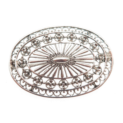 925 Sterling Silver Vintage Floral Filigree Oxidized Pin Brooch