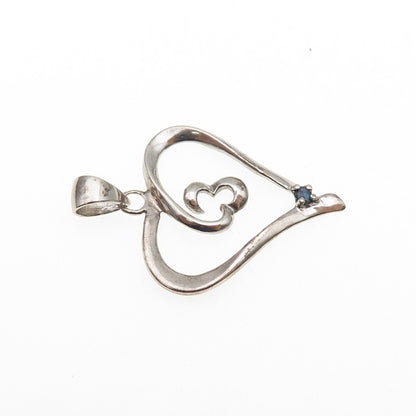 SONYA HOU Sterling Silver Vintage Real Round-Cut Sapphire Heart Charm Pendant