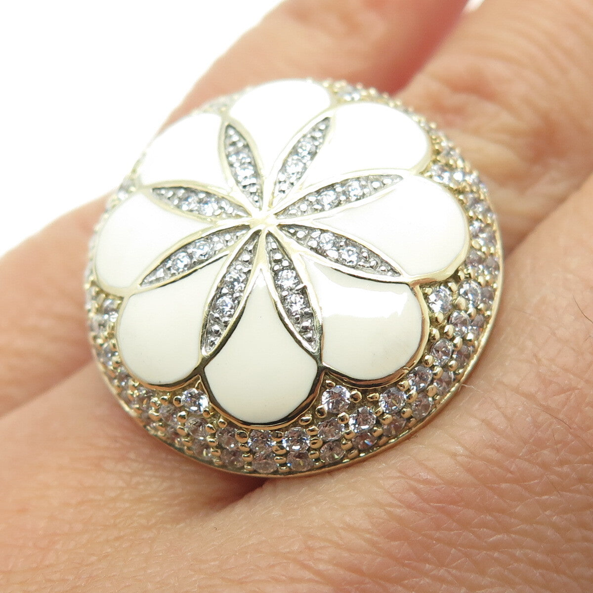 925 Sterling Silver Gold Plated White Enamel & C Z Floral Wide Ring Size 5.25