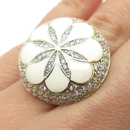925 Sterling Silver Gold Plated White Enamel & C Z Floral Wide Ring Size 5.25