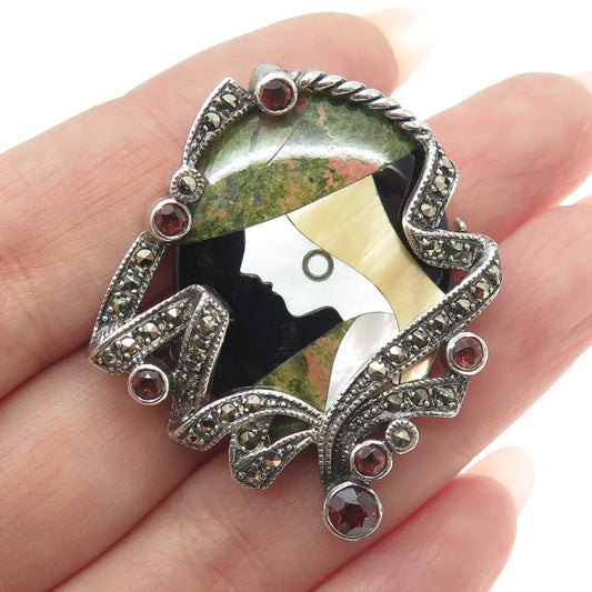 925 Sterling Silver Vintage MOP Black Onyx Red Garnet Marcasite Gem Cameo Brooch