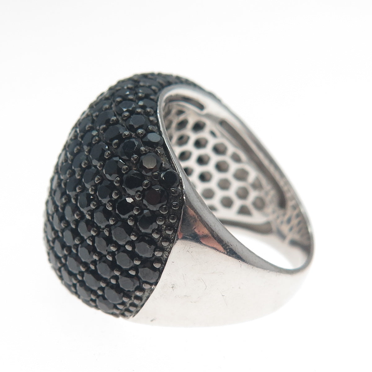 925 Sterling Silver Real Black Spinel Gemstone Cluster Wide Ring Size 7