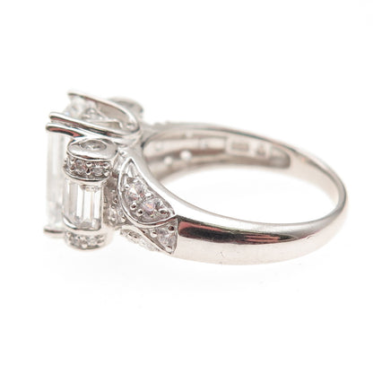 925 Sterling Silver Round & Emerald-Cut C Z Engagement Ring Size 8