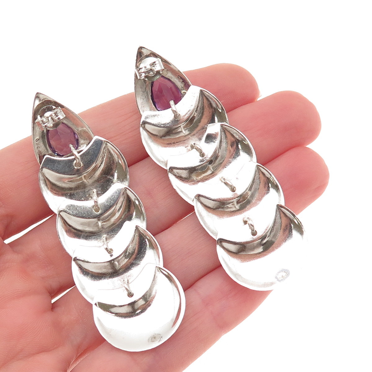 925 Sterling Silver Vintage Real Amethyst Modernist Oxidized Dangle Earrings