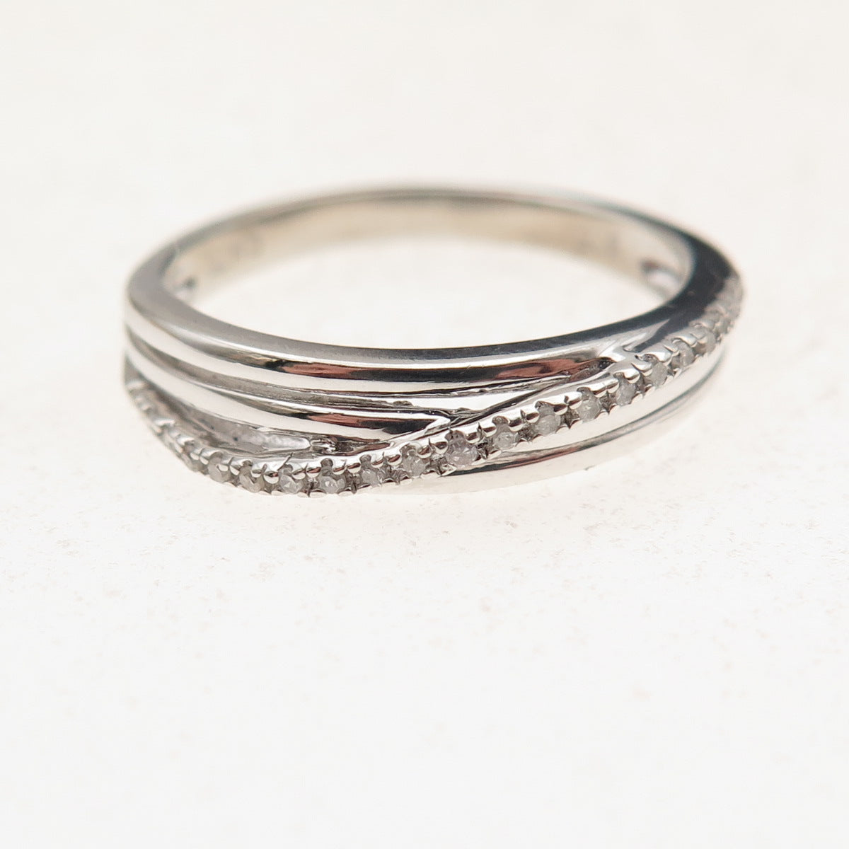 925 Sterling Silver Real Round-Cut Diamond Crisscross Ring Size 6.5