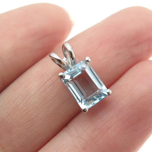 925 Sterling Silver Real Emerald-Cut Blue Topaz Minimalist Pendant