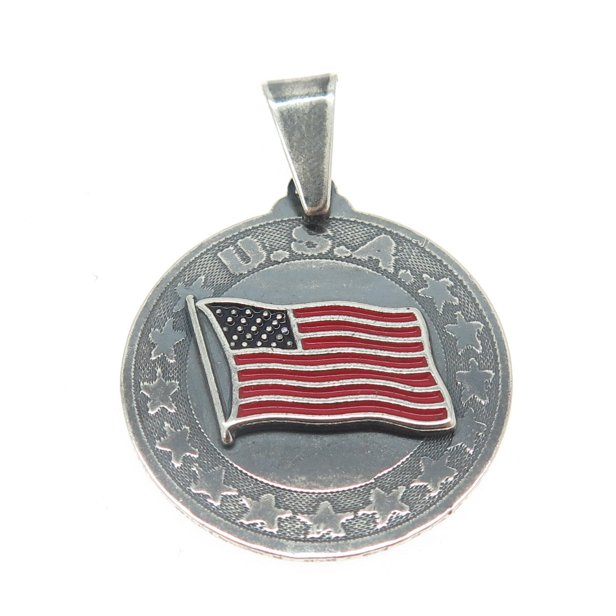 925 Sterling Silver Vintage Enamel USA Flag Oxidized Pendant