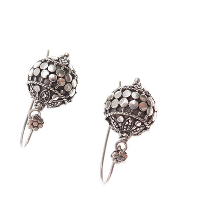 925 Sterling Silver Vintage Dotted Ball Oxidized Dangle Earrings