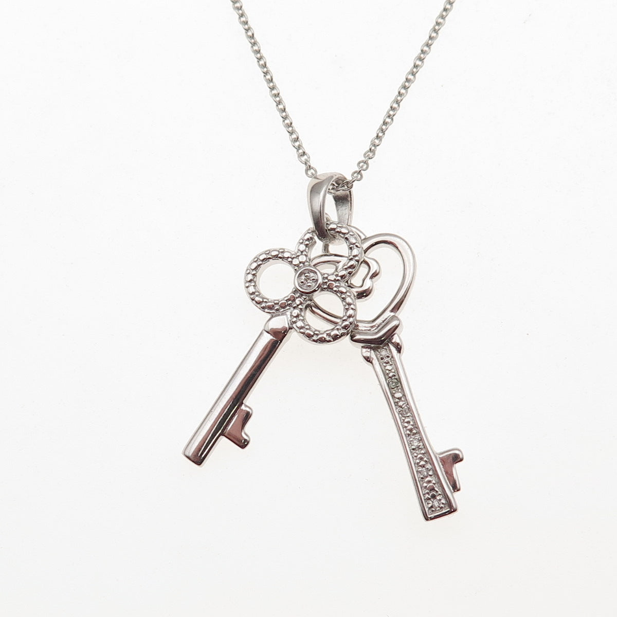 925 Sterling Silver Real Diamond Heart & Club Key Cable Chain Necklace 18"