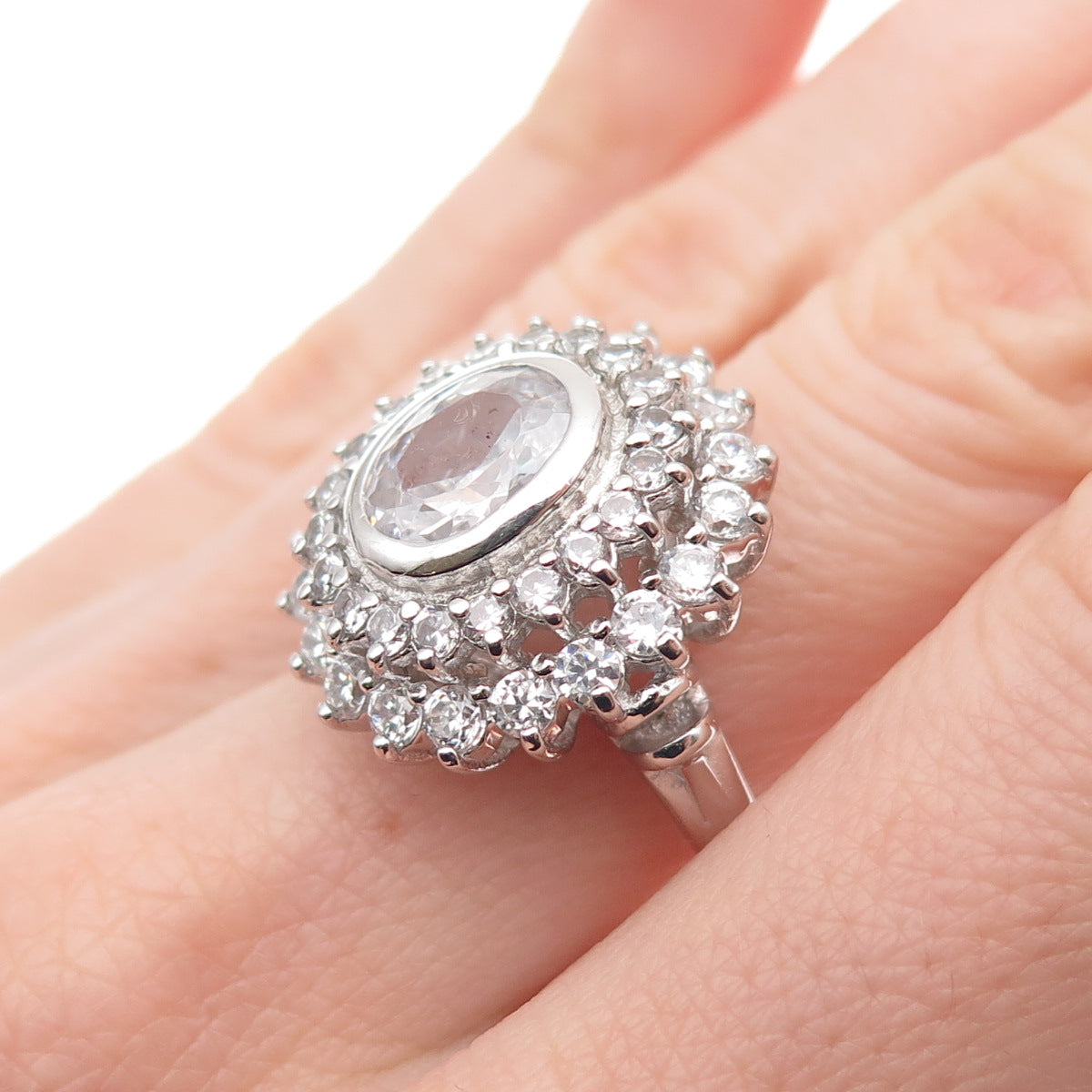 925 Sterling Silver Oval & Round-Cut C Z Bohemian Ring Size 7.25