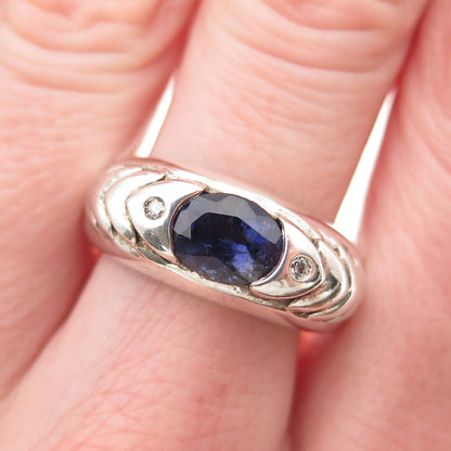 925 Sterling Silver Vintage Real Iolite & C Z Modernist Ring Size 9